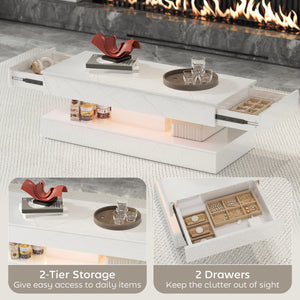 Coffee table with adjustable LED lighting, 2 drawers, open shelf, remote control, glossy white marble-effect lacquered finish