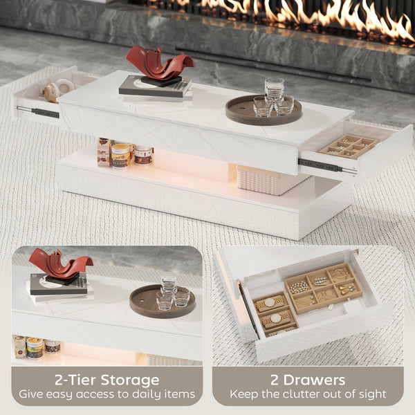 Coffee table with adjustable LED lighting, 2 drawers, open shelf, remote control, glossy white marble-effect lacquered finish