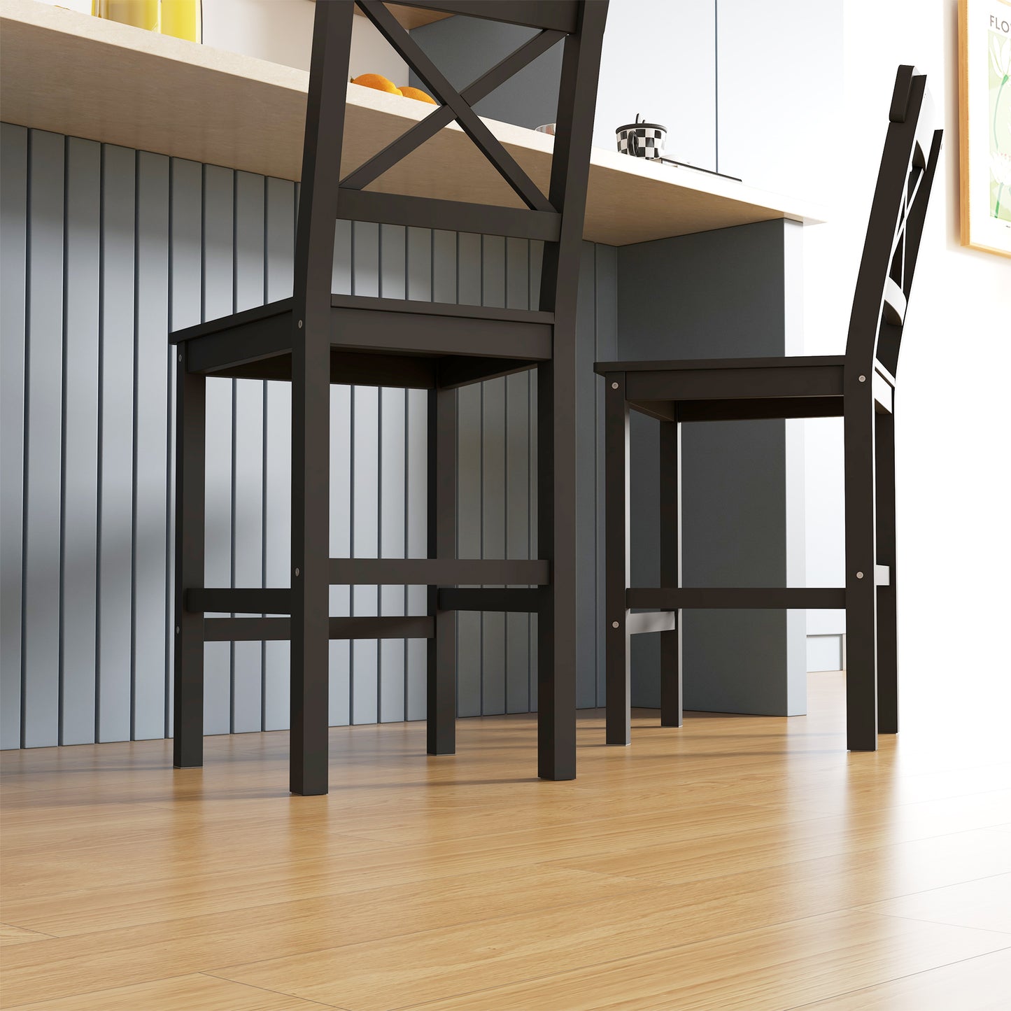 Lot de 2 tabourets de bar, style campagnard, avec dossier, en bois massif pour îlot de cuisine, Noir