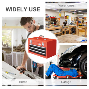 Coffre à outils à 3 tiroirs avec fermeture à loquet métallique, rouge