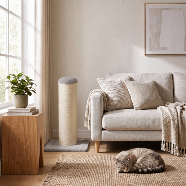 Cat scratching post in sisal, 30 in, light grey and beige