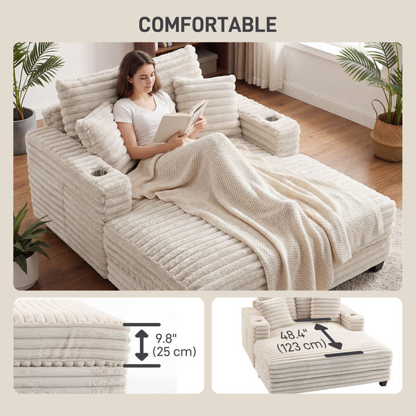 Canapé de lecture grand format en velours côtelé avec porte-gobelets et coussins, canapé-lit pour salon, beige