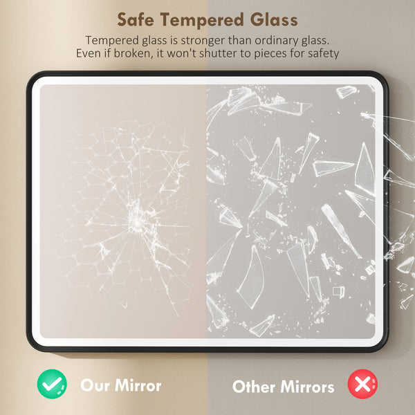 Bathroom mirror with LED lighting, wall-mounted, 3 colors, dimmable, horizontal/vertical format, black