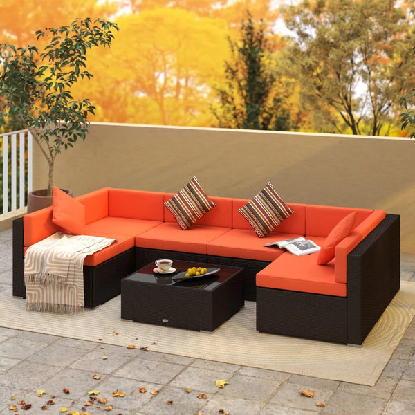 Ensemble de jardin modulable 7 pièces en résine tressée avec table basse, orange