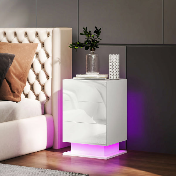 Table de chevet moderne avec éclairage LED RGB et 3 tiroirs – Blanc