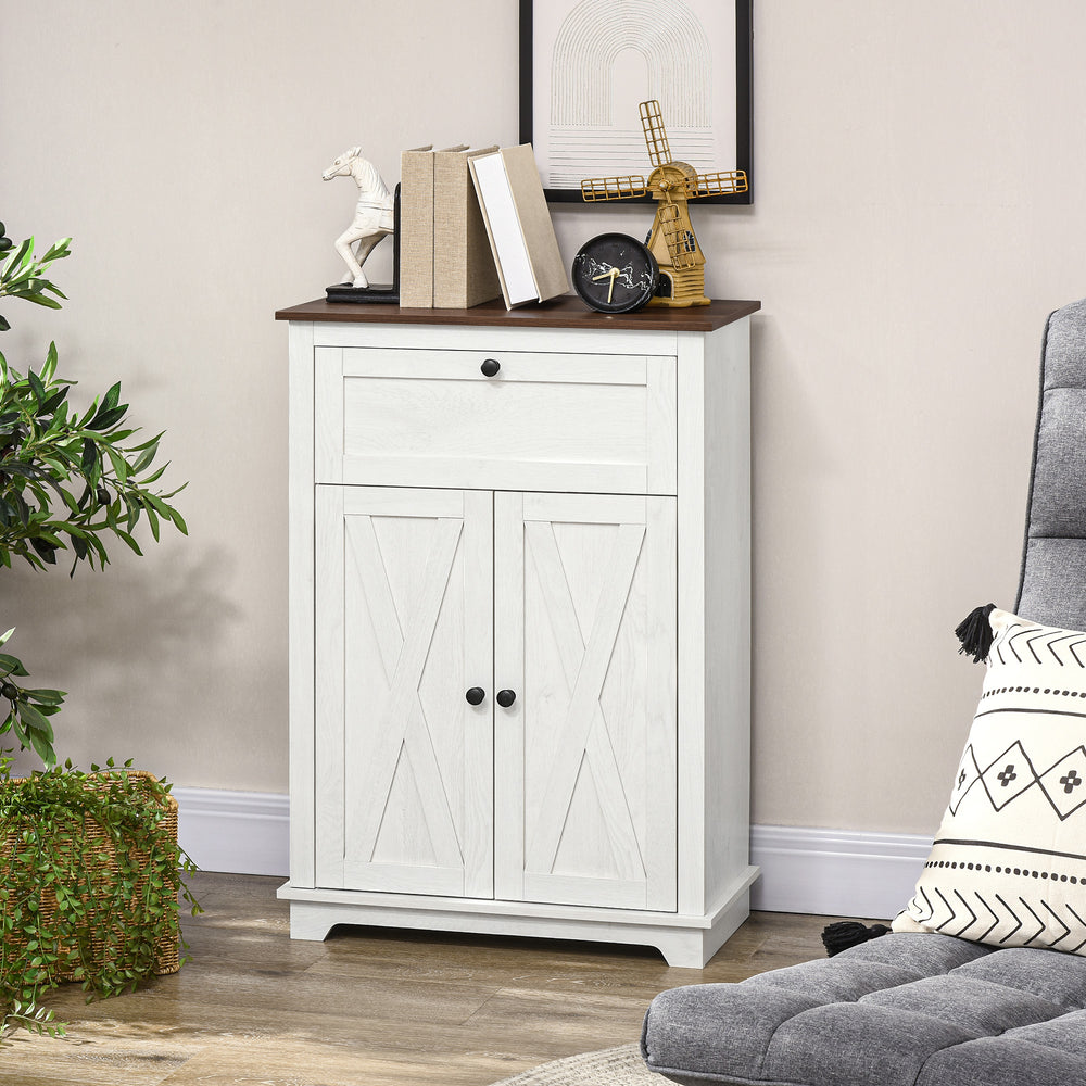 Buffet de style campagnard avec portes et tiroir, blanc.