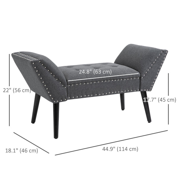 Banc rembourré moderne avec accoudoirs et garniture cloutée, gris