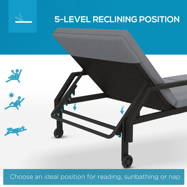 Chaise longue en rotin avec dossier réglable sur 5 niveaux, gris clair