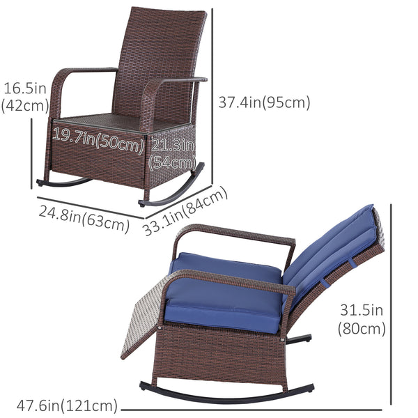 Fauteuil inclinable à bascule d'extérieur en résine tressée avec coussin, bleu foncé