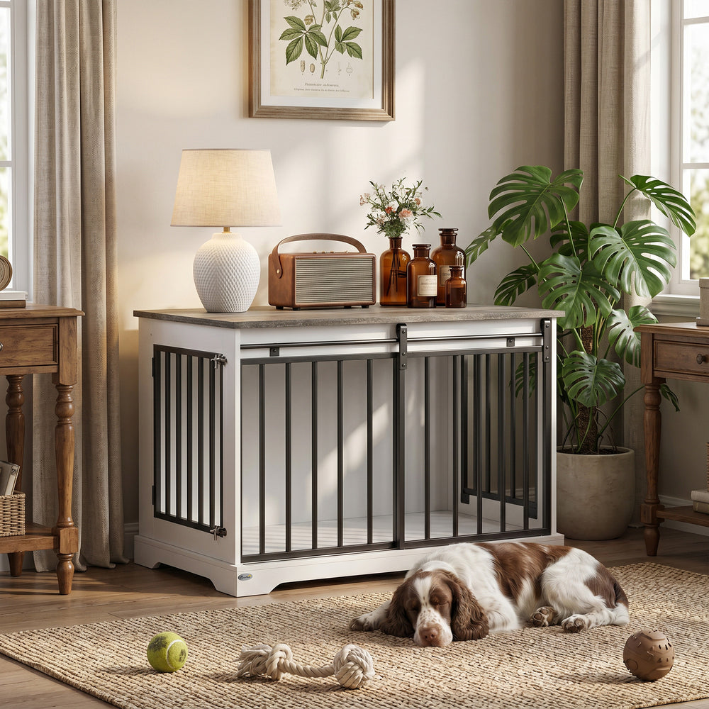 Meuble-cage pour chien à porte coulissante, 100 cm, blanc