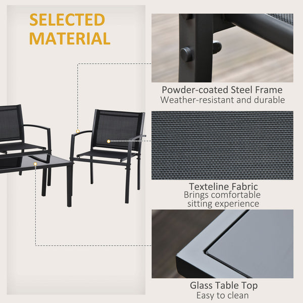 Ensemble de meubles 4 pièces avec table basse en verre, assise et dossier en maille respirante pour jardin et balcon, noir