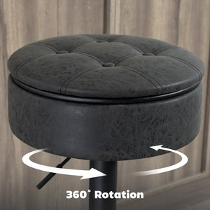 Set of 2 swivel bar stools with storage, faux leather upholstery, footrest, steel base, black