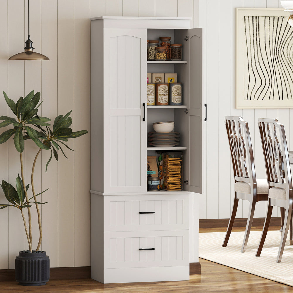 67-inch tall storage cabinet with adjustable shelves and 2 drawers, White