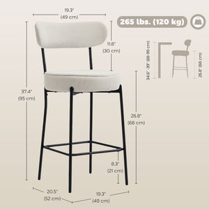 Set of 2 padded bar stools in corduroy, cream white