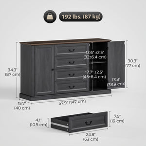 Buffet style ferme avec station de recharge, 4 tiroirs et 2 portes, noir