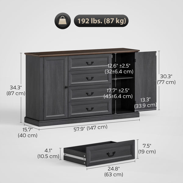 Buffet style ferme avec station de recharge, 4 tiroirs et 2 portes, noir
