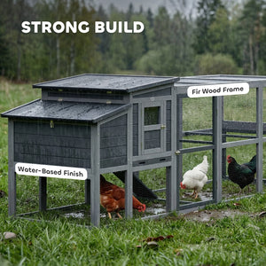 Large wooden chicken coop with covered run, nesting box, removable tray, and asphalt roof