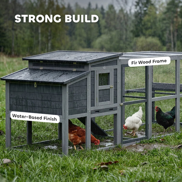 Large wooden chicken coop with covered run, nesting box, removable tray, and asphalt roof