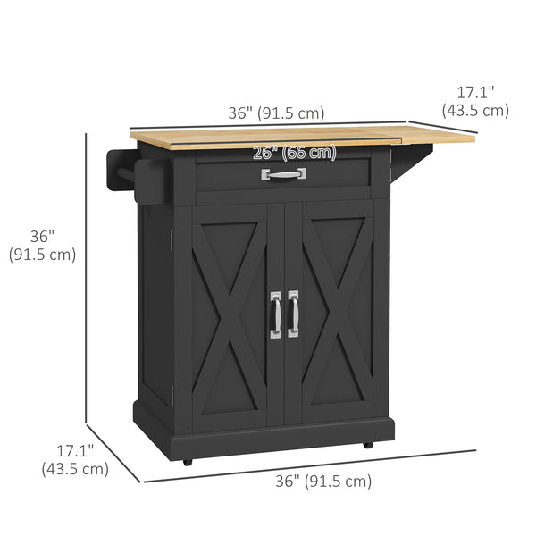 Îlot de cuisine pliable avec tiroir de rangement, chariot utilitaire à roulettes de style campagnard avec plateau en bois à abattant, noir