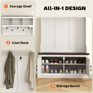 Meuble d’entrée 3-en-1 avec banc, porte-manteau et rangement à chaussures, blanc