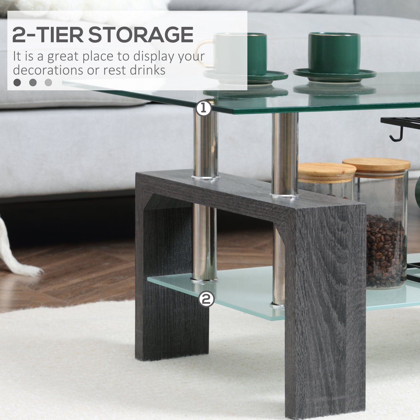 Table basse rectangulaire en verre avec plateau en verre trempé et étagère de rangement pour salon, gris