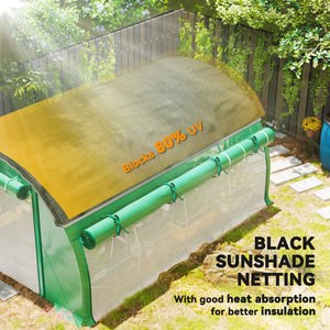 Heated tunnel greenhouse with shade netting, roll-up mesh side panels, green