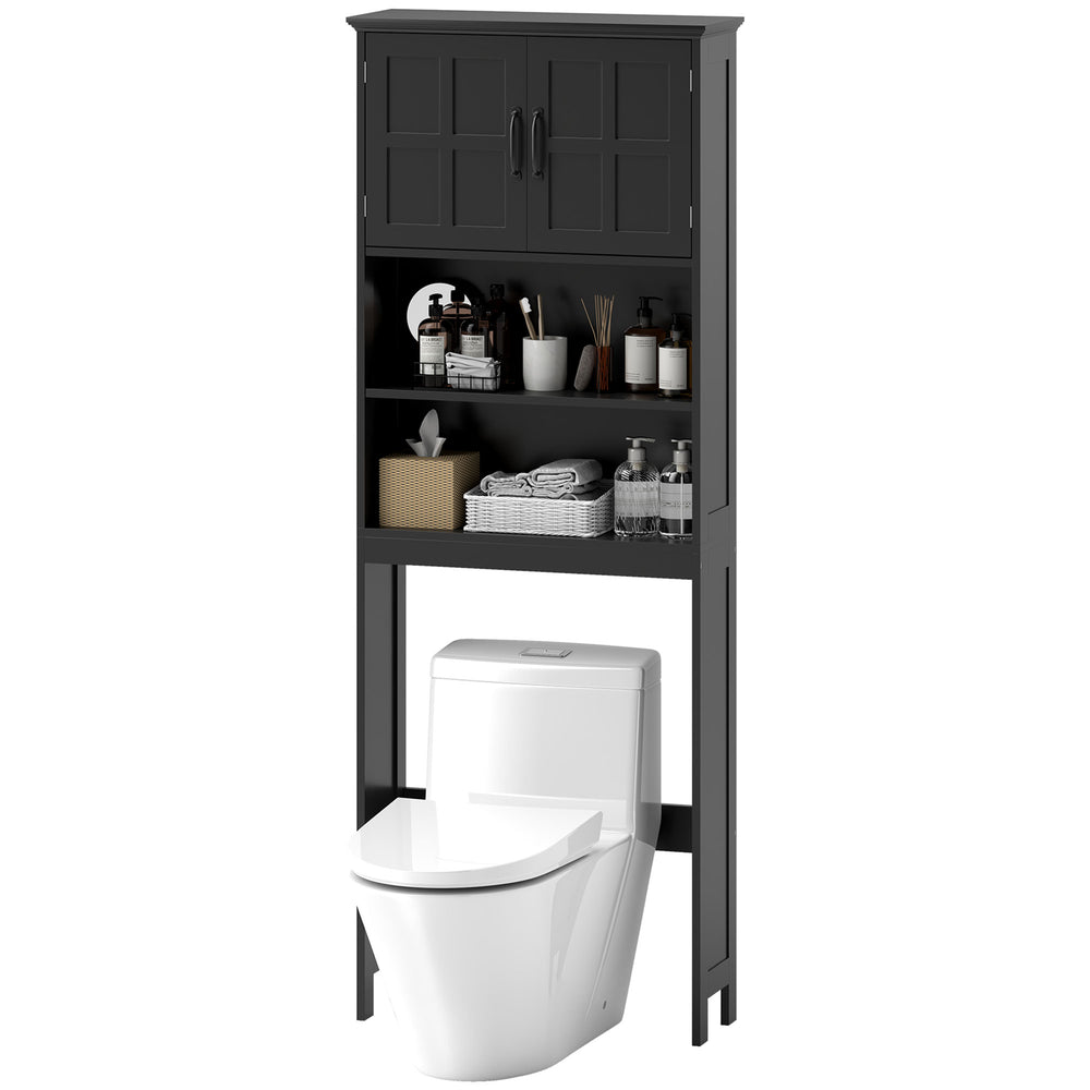 Meuble de rangement moderne dessus de toilette, avec étagères ouvertes et placard à double porte, noir