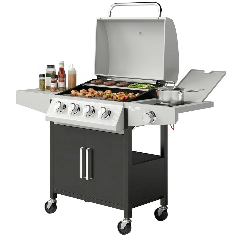 Barbecue à gaz propane 4+1 brûleurs avec brûleur latéral, grille de maintien au chaud et tablette latérale.