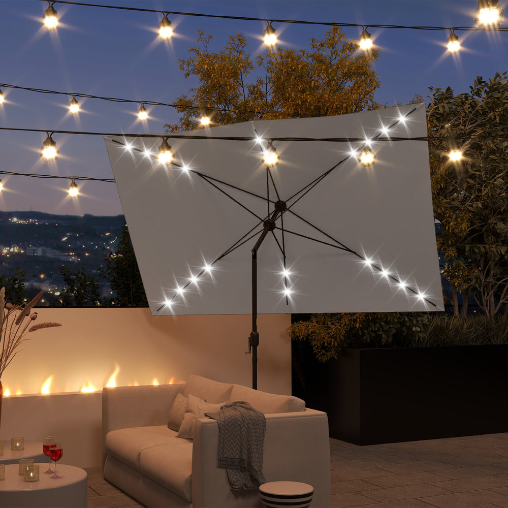 Parasol de 9,7 pieds en aluminium avec éclairage LED solaire et manivelle, gris clair