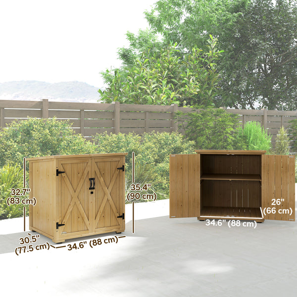 Natural wood garden shed with shelf and double door