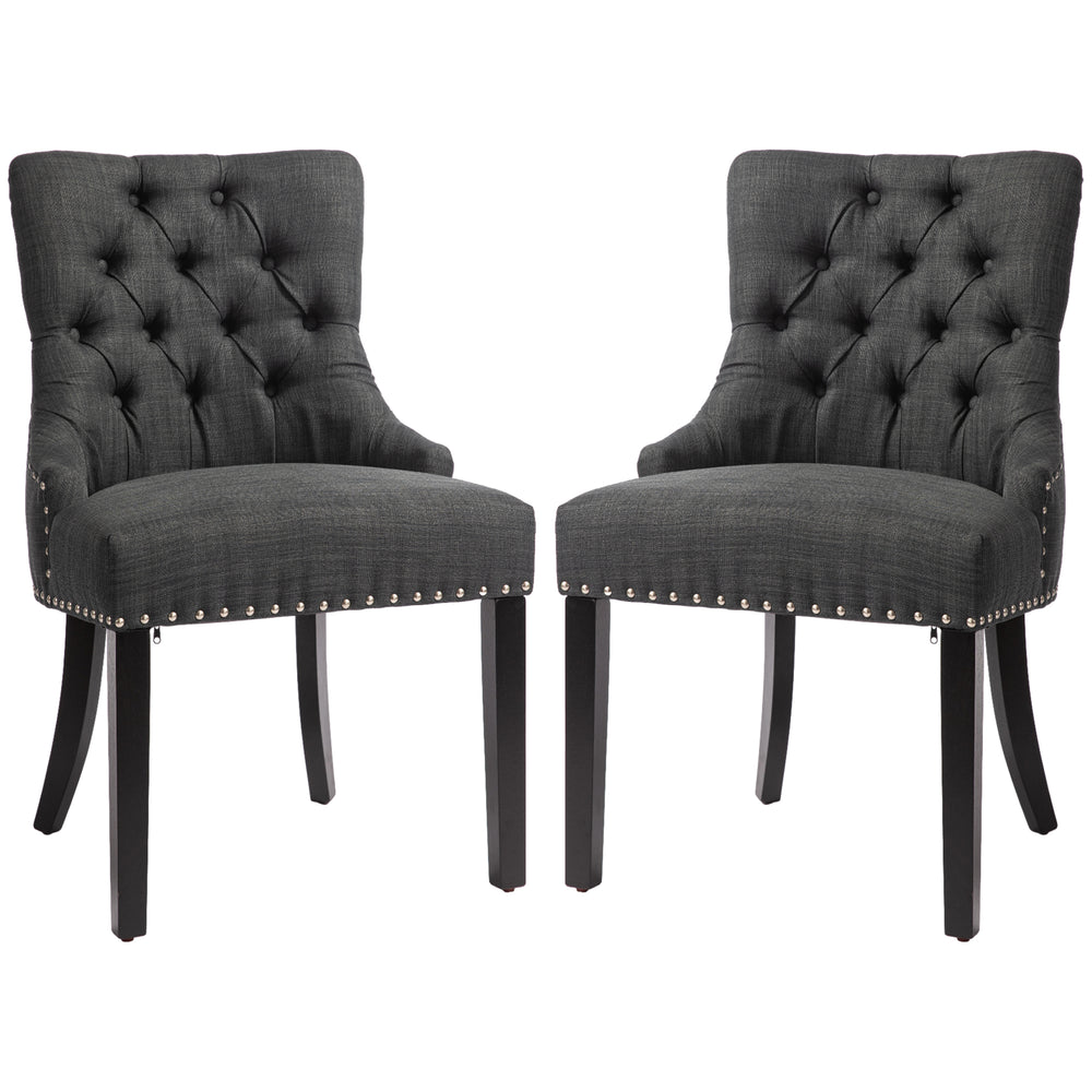 Lot de 2 chaises de salle à manger en lin avec bordure cloutée et pieds en bois, gris foncé