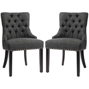Lot de 2 chaises de salle à manger en lin avec bordure cloutée et pieds en bois, gris foncé