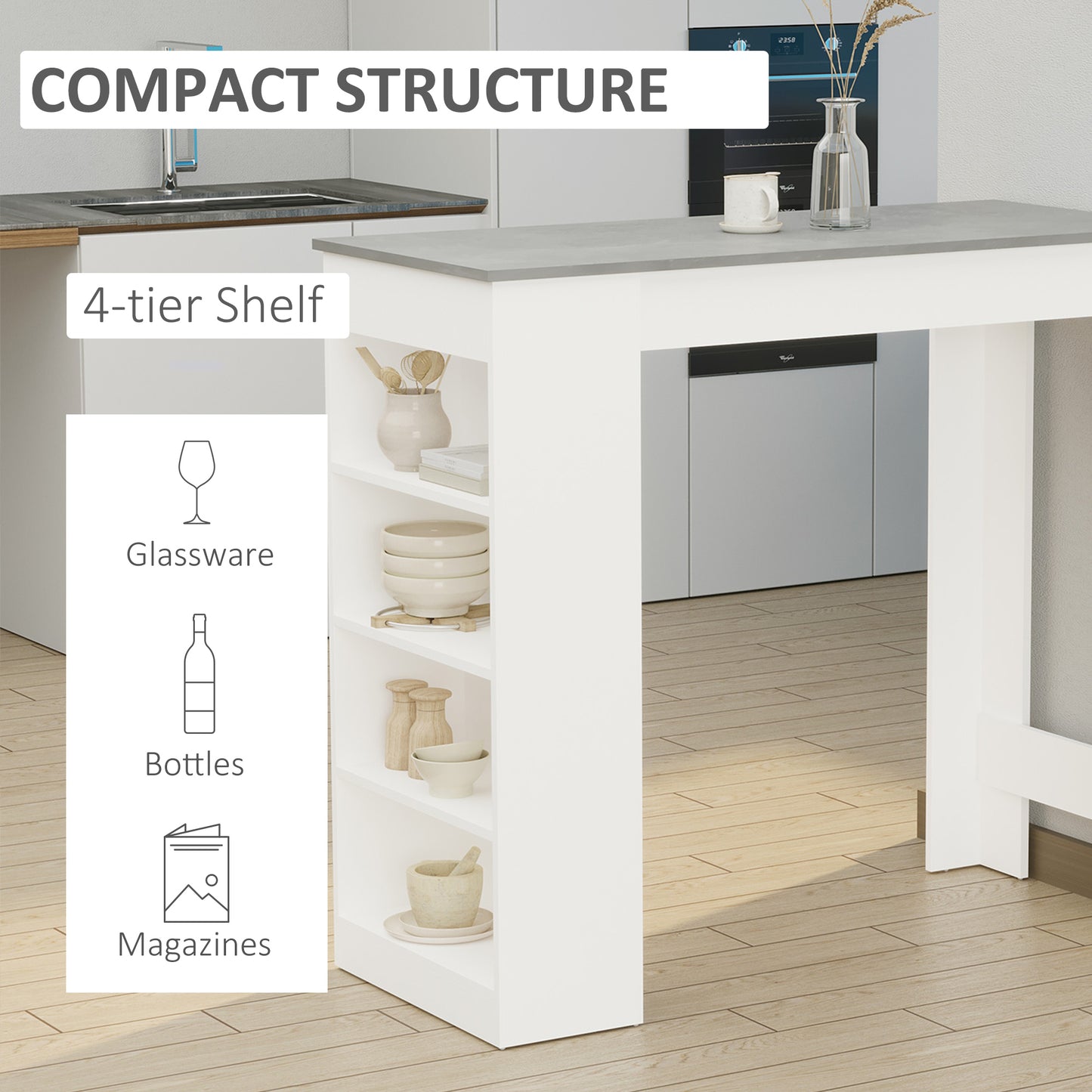 Table de bar avec 4 étagères de rangement, table de bar moderne pour la maison, la cuisine, grise