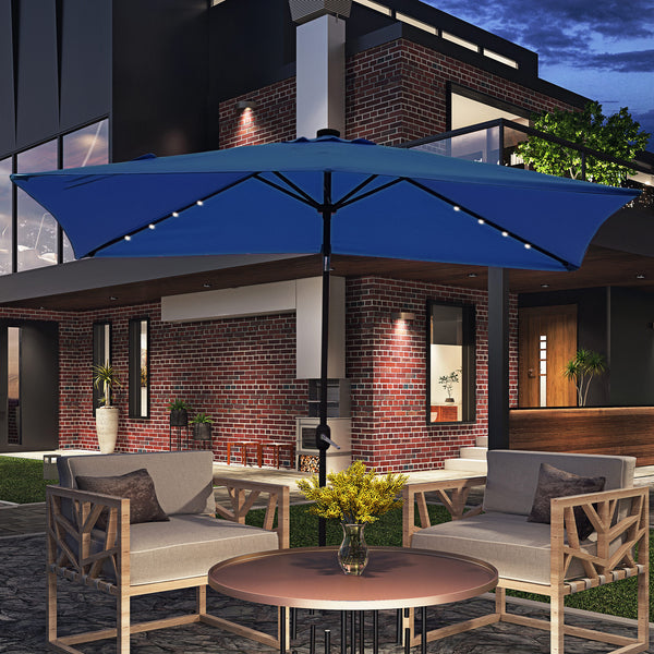 Parasol de 9,7 pieds avec 22 lumières solaires LED et inclinaison, bleu foncé
