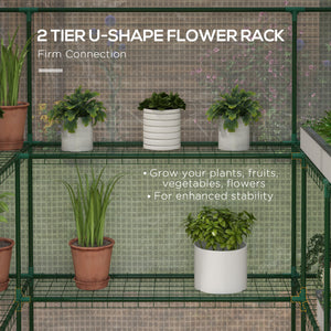 Small outdoor greenhouse with 2-tier U-shaped flower shelves, white