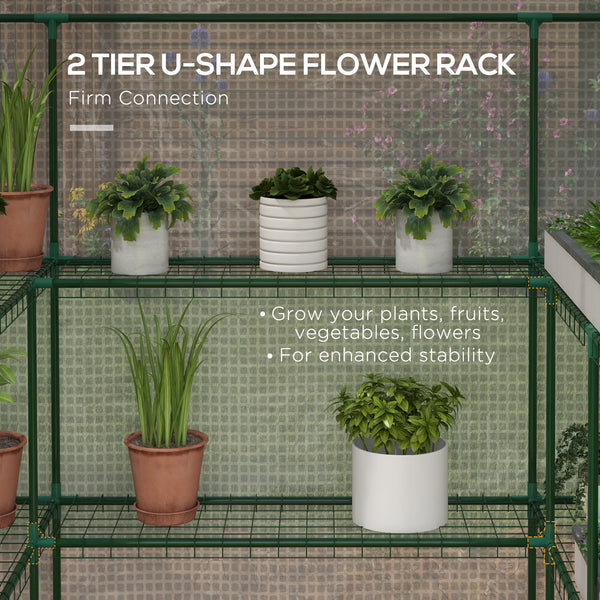 Small outdoor greenhouse with 2-tier U-shaped flower shelves, white
