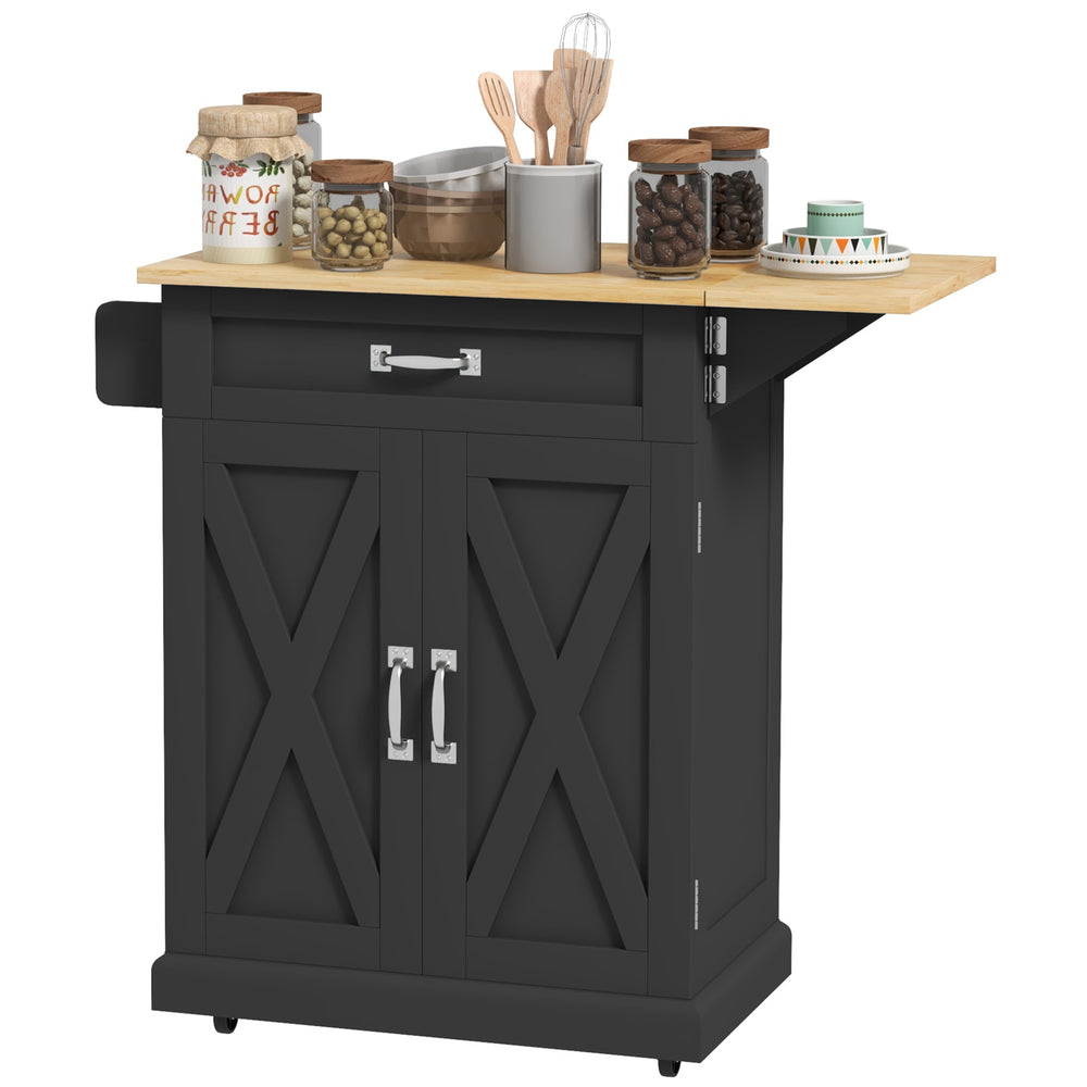 Îlot de cuisine pliable avec tiroir de rangement, chariot utilitaire à roulettes de style campagnard avec plateau en bois à abattant, noir