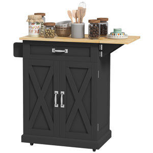 Îlot de cuisine pliable avec tiroir de rangement, chariot utilitaire à roulettes de style campagnard avec plateau en bois à abattant, noir