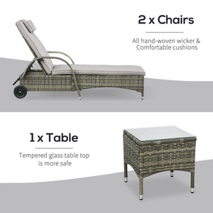 Patio Rattan Lounge Set, Wheeled Wicker Chaise Lounge Chair and Table with Tempered Glass Top, Mixed Grey