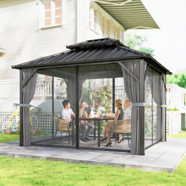 Gazebo avec toit rigide 10 x 12 avec double toit en acier galvanisé, structure en aluminium, gris foncé