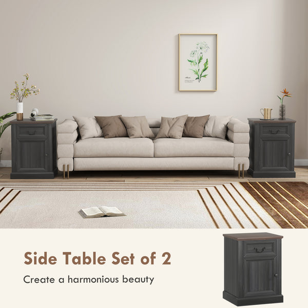 Set of 2 side tables with drawer and cupboard, black.