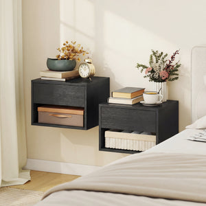 Ensemble de 2 tables de chevet flottantes avec tiroir et tablette ouverte – Noir