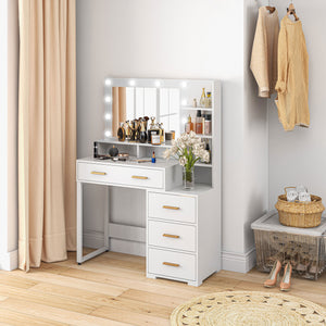 Coiffeuse lumineuse LED avec miroir, tiroir et étagères de rangement, blanche