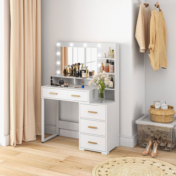 Coiffeuse lumineuse LED avec miroir, tiroir et étagères de rangement, blanche