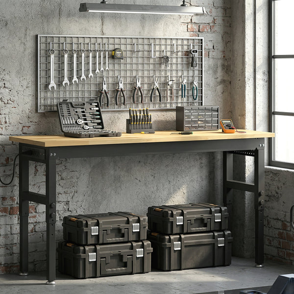 60" Adjustable Workbench, Heavy Duty Work Table with Rubber Wood Top, Power Outlets, Pegboard, 2000 LBS Capacity