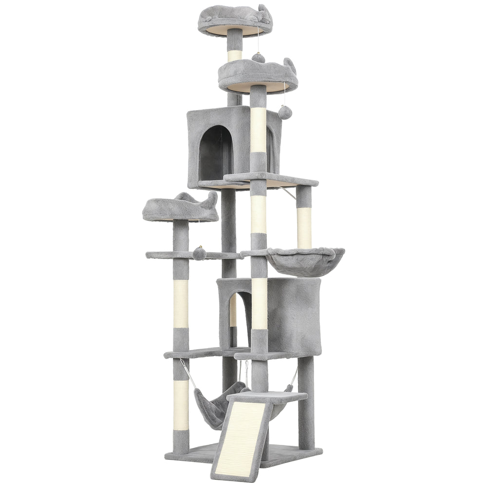 Large 193 cm cat tree with 8 scratching posts, 3 soft beds, 2 hammocks, 2 large shelters and a ramp, light grey