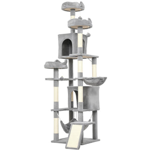 Large 193 cm cat tree with 8 scratching posts, 3 soft beds, 2 hammocks, 2 large shelters and a ramp, light grey
