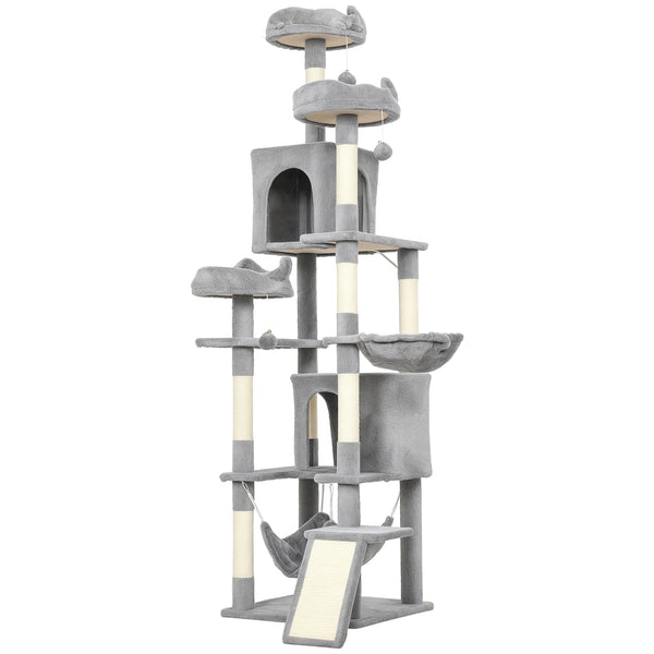 Large 193 cm cat tree with 8 scratching posts, 3 soft beds, 2 hammocks, 2 large shelters and a ramp, light grey