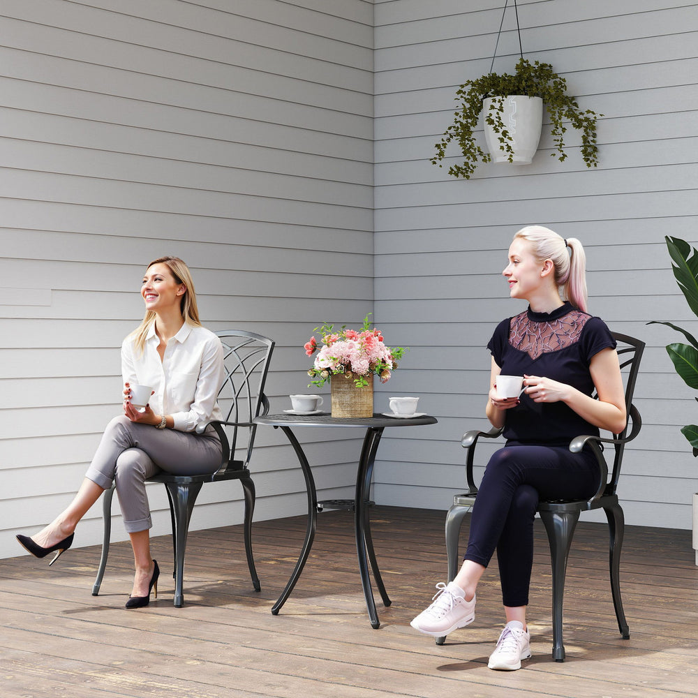 3 Pieces Patio Bistro Set, Cast Aluminum Outdoor Conversation Furniture Set, Coffee Table with Umbrella Hole, 2 Armchairs, Brown