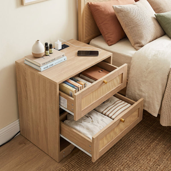 Bedside table with charging station and LED light strip for bedroom and living room - Oak